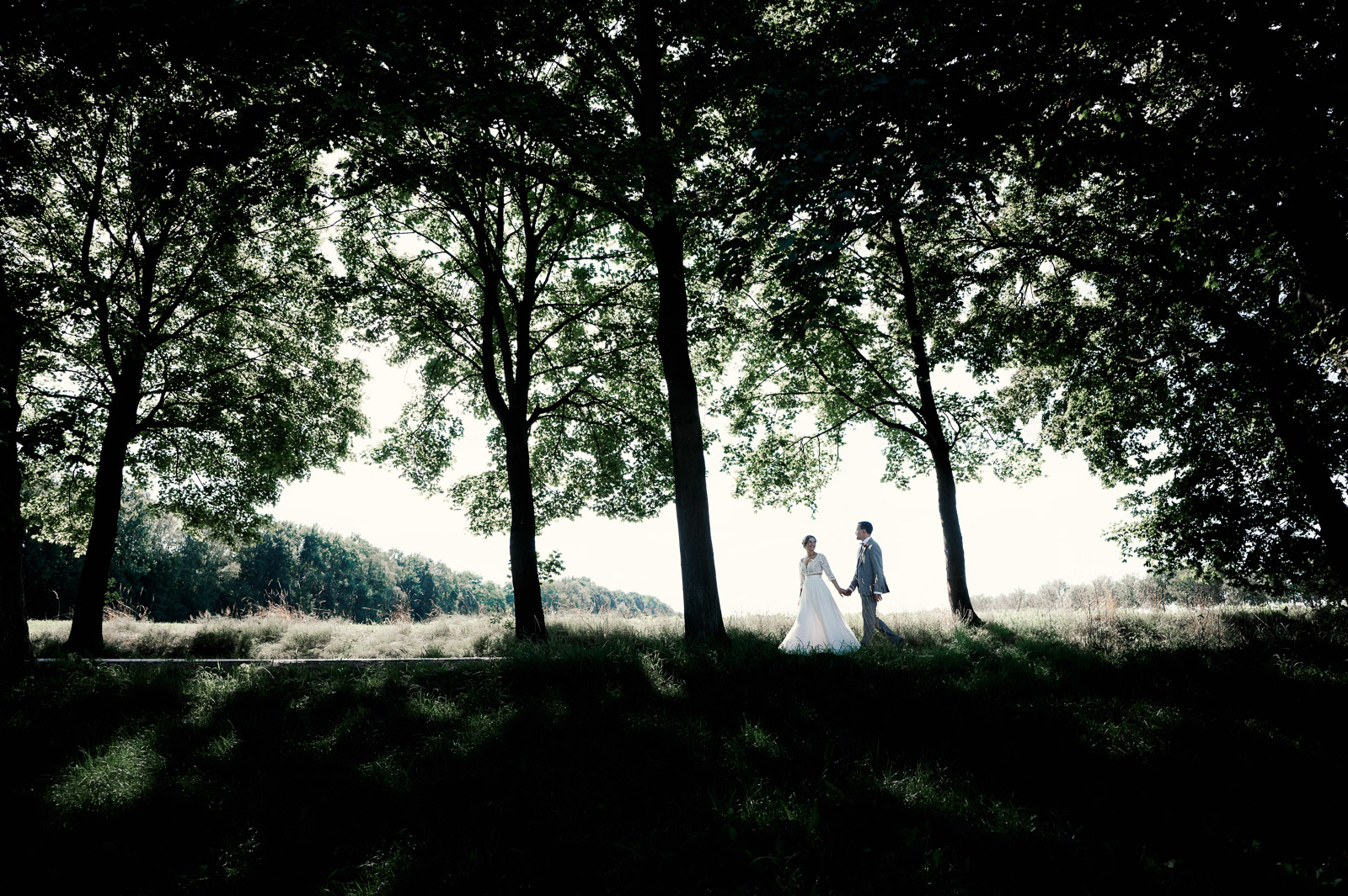 Brautpaar läuft von rechts nach links zwischen großen Bäumen in Münster